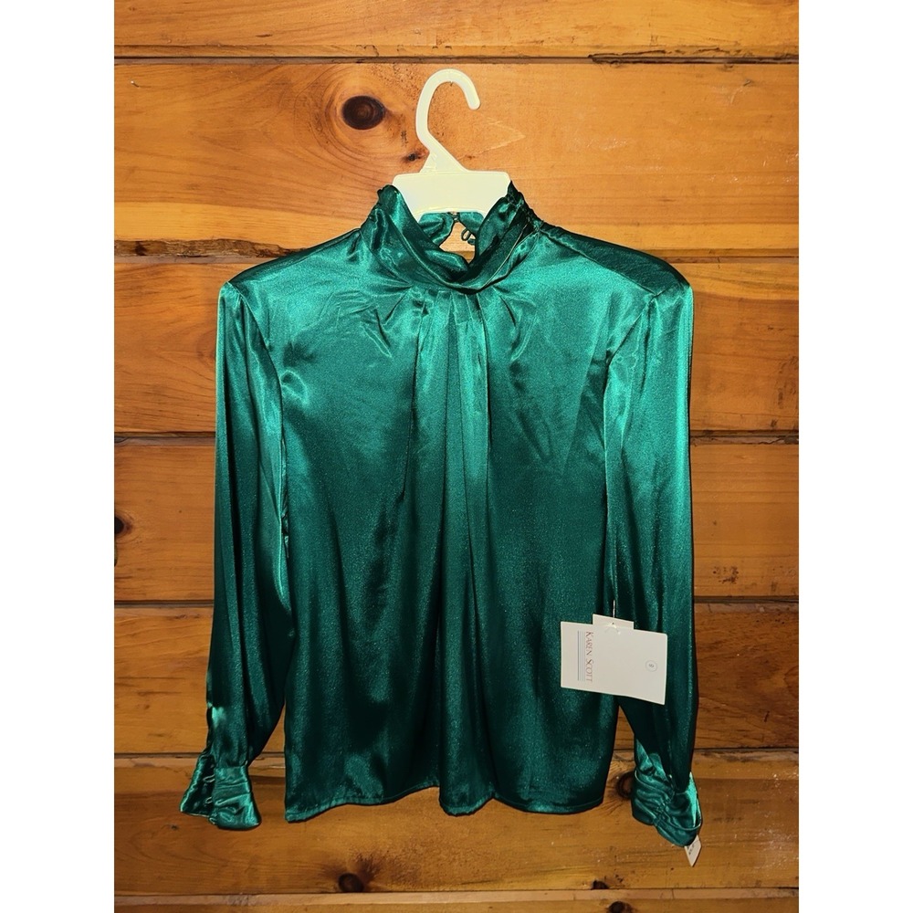 Vintage Satin Blouse *Size 8* KAREN SCOTT Silky Green Career Top NWT